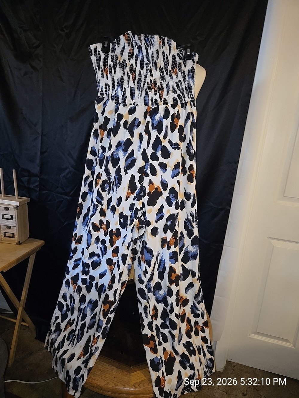 SHEIN White Strapless Smocked Wide-Leg Jumpsuit with Navy & Brown Leopard Spots